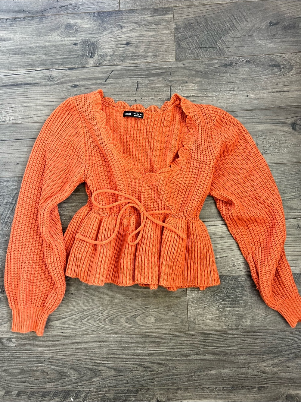 SHEIN Orange Ruffle V-Neck Tie-Waist Knit Sweater